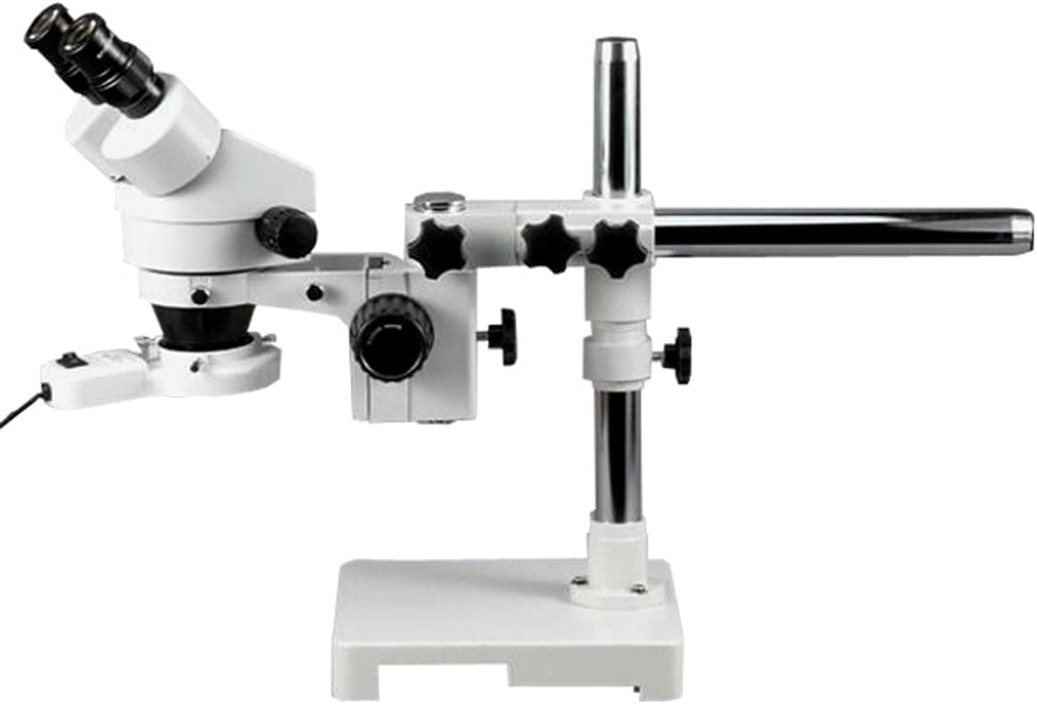 AmScope SM-3B-FRL Professional Binocular Stereo Zoom Microscope, WH10x Eyepieces, 7X-45X Magnification, 0.7X-4.5X Zoom Objective, 8W Fluorescent Ring Light, Single-Arm Boom Stand, 110V-120V
