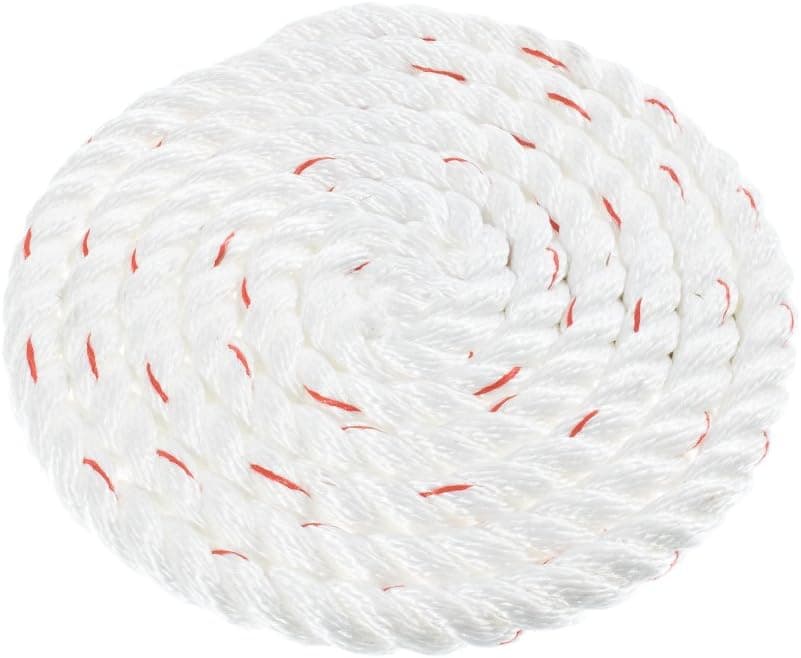 Twisted 3 Strand PolyDac Combo Utility & Towing Rope - White with Red Tracer – 3/8, 1/2, 5/8, 3/4, 1, 1-1/2, & 2 inch Diameters in 10, 25, 50, 100, 250, 300, 500, & 600 Feet