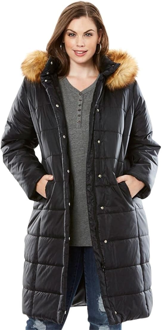 Roamans Women's Plus Size Quilted Knee Length Parka Black