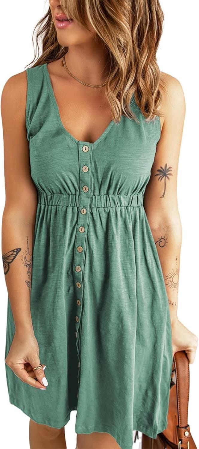 Lafural Women Summer Causal Loose Tunic Short Sleeveless Tank Dresses Button Down Sundress