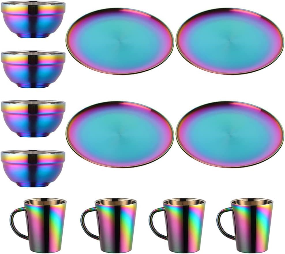 Plate and Bowl Sets, Stainless Steel Dishs Bowls Mugs Kitchen Dinnerware Set Service for 4 (Rainbow, 11.8 inch plate/5.1 inch bowl/cups)