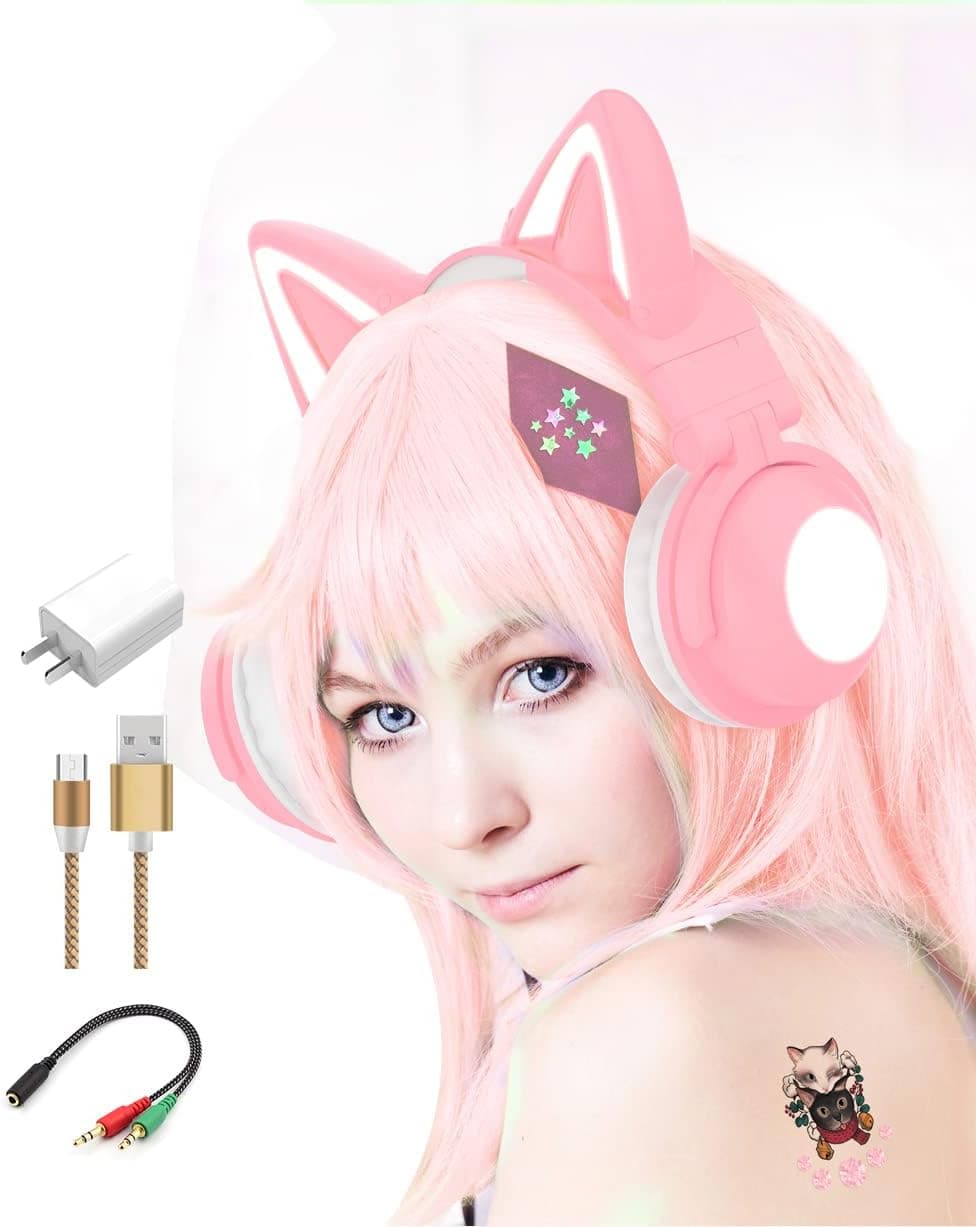 kuayang Wireless Cat Ear Headphones (7 Color Changing) with & 3.5mm Jack, Gaming Pro, Bluetooth&Wired Connection (Pink)