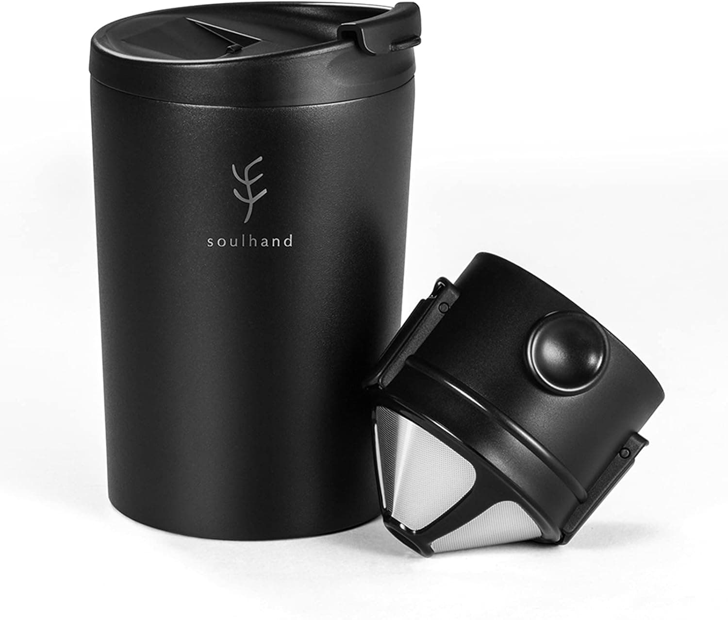 SOUL HAND Soulhand Pour Over Coffee Mug, Reusable Coffee Cup, 304 Stainless Steel Thermal Travel Mug, with Pour Over Filter and Seal Lid, Black,10.5oz/300ML