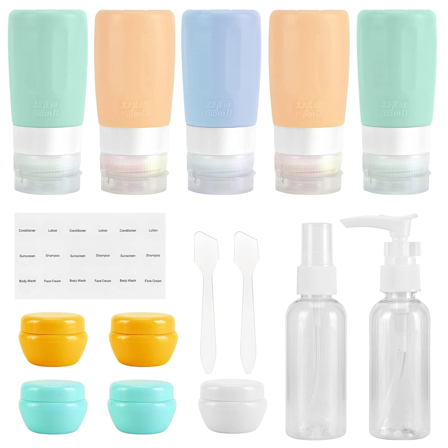 Beveetio Travel Bottles TSA Approved 15 Pack,2.2oz Silicone Refillable Size Containers, BPA Free Travel Tubes Toiletries for Cosmetic Shampoo Cream Conditioner Lotion Soap