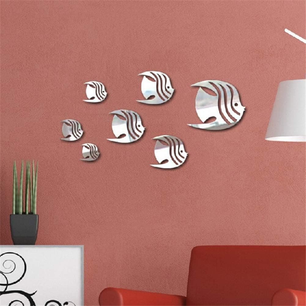 7pcs Cute Fish Removable Acrylic Mirror Wall Sticker Decal for Living Room Bedroom Art Window Decal Kitchen Decor Art DIY Home Decoration(Silver)