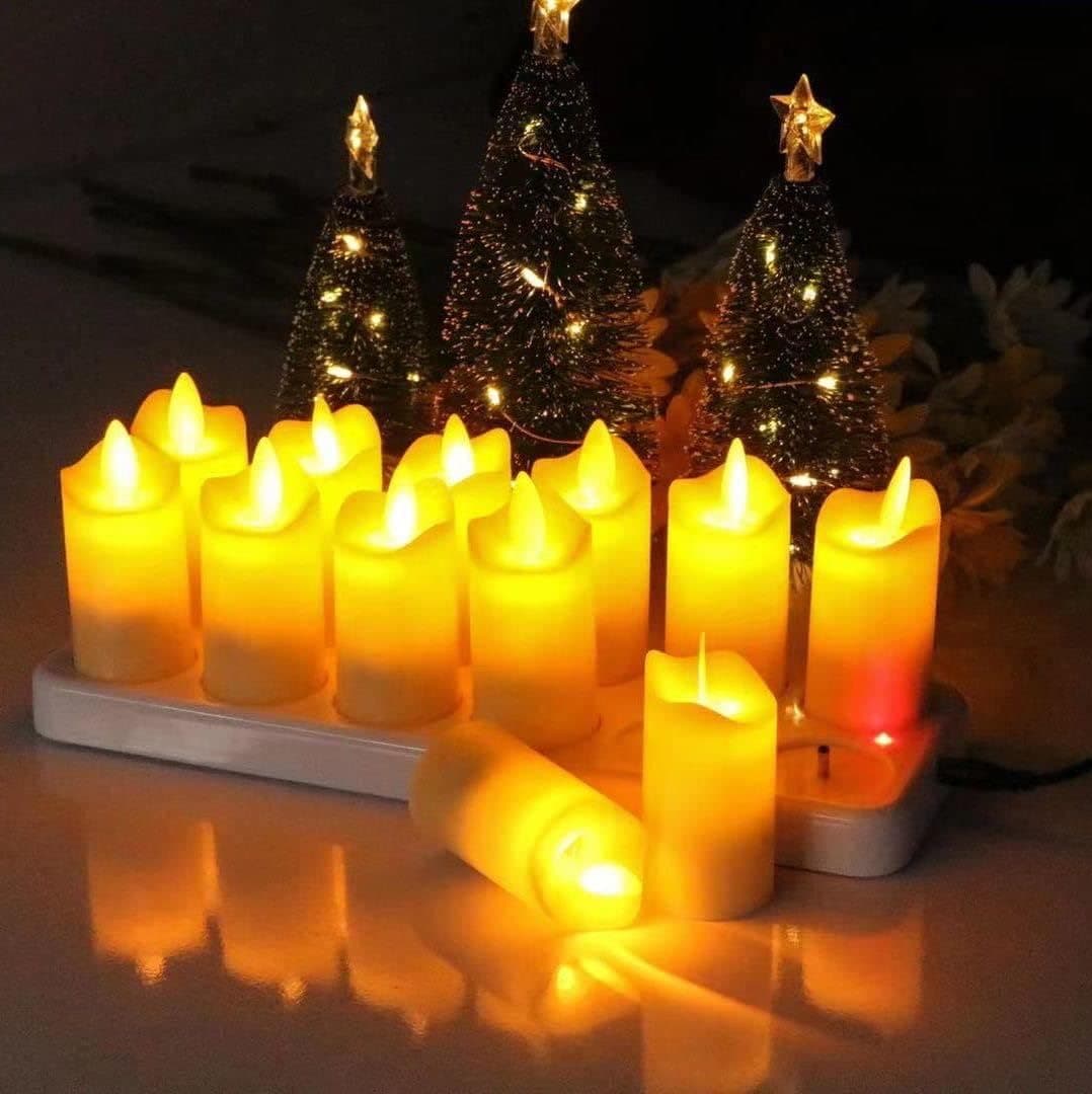 EuroFone flameless LED Tea Lights, 12 flameless LED Tea Wax Candles with Remote Control, Realistic Flashing Yellow LED Tea Wax Candles. Ideal for Parties/Wedding/Birthdays/Holidays