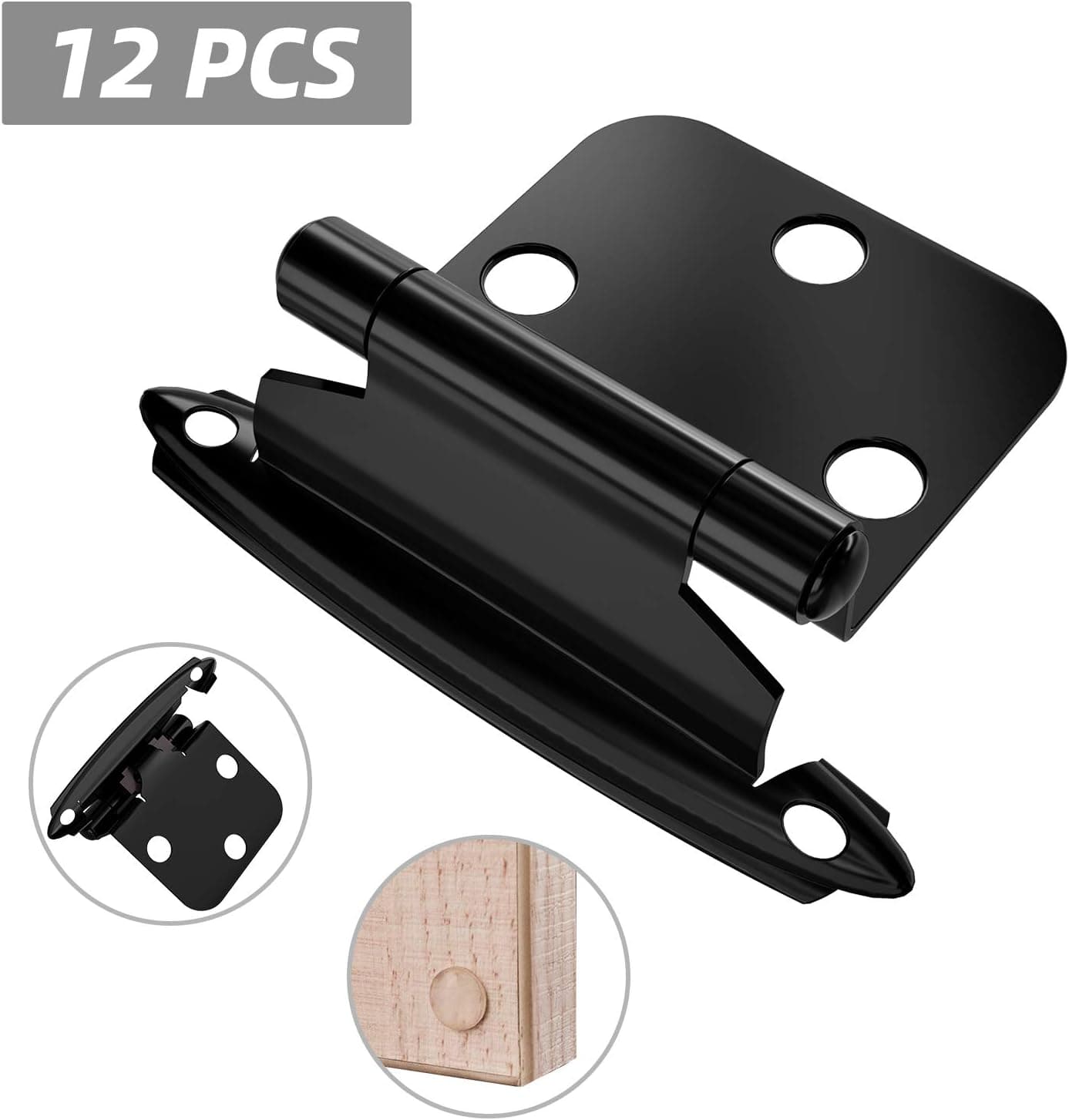 Hosom Overlay Cabinet Hinges Black 12pcs, Self Closing Hinge Face Mount for Kitchen Cupboard, with Door Bumpers