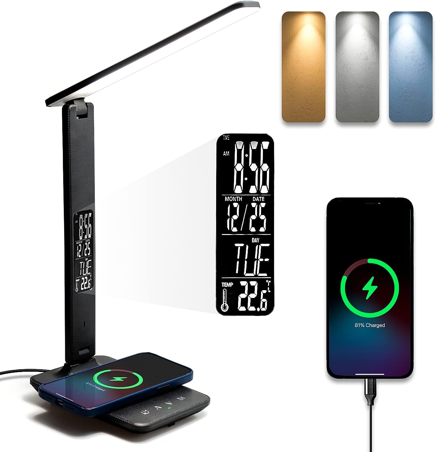 AMPULLA M1 Desk Lamp, LED Desk Lamp with Wireless Charger, USB Charging Port, Table Lamp with Clock, Alarm, Date, Temperature, Office Lamp (Black(Gray Screen))