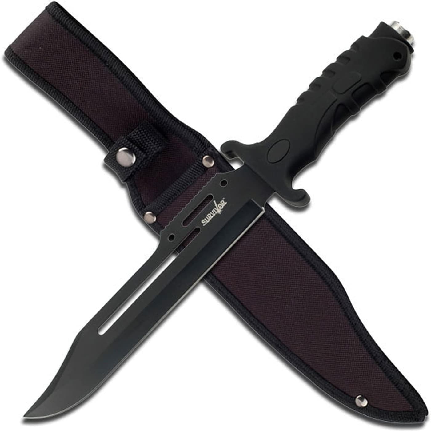 Survivor Outdoor HK-1036 Series Fixed Blade Outdoor Knife, Black Straight Edge Blade, Black Rubber Handle