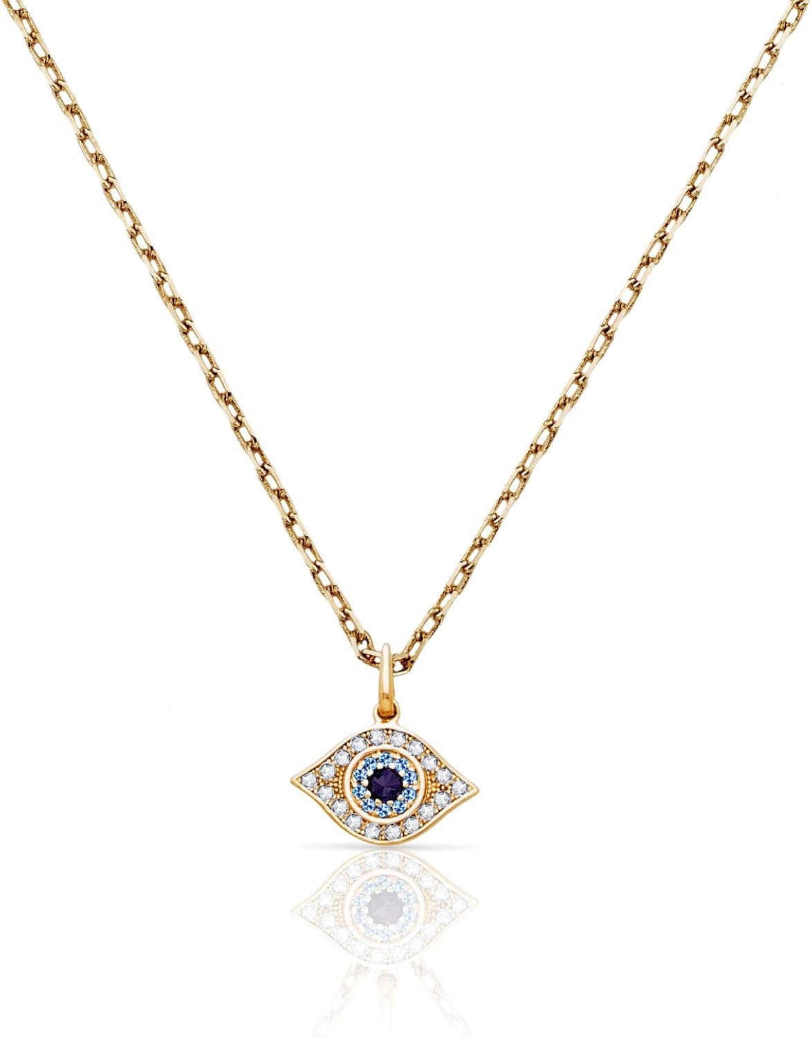 GOLSHI Real 14K Yellow Gold Evil Eye Wisdom Pendant with Aqua Colored Stone Accents for Women(18)