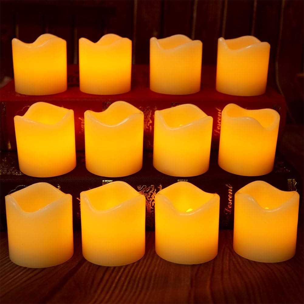 【Real Wax 6H Timer】Flickering Real Wax Flameless Tealights Candles Battery Operated Votive Candles Tea Lights 12 Pack Amber Yellow Flame(Dia. 2"x2" Height)