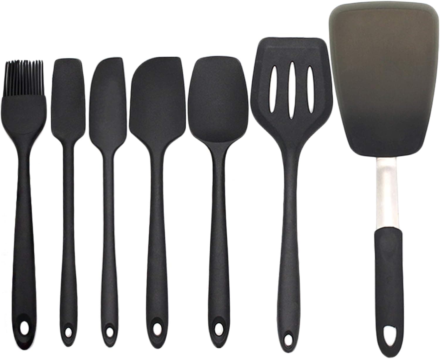 To encounter Silicone Spatula Set 7pcs Nonstick Rubber Slotted Turner Pancake Flippers Heat Resistant Seamless Turner Spatula Spoonula Dishwasher Safe for Mixing Cooking and Baking (Set of 7-black)
