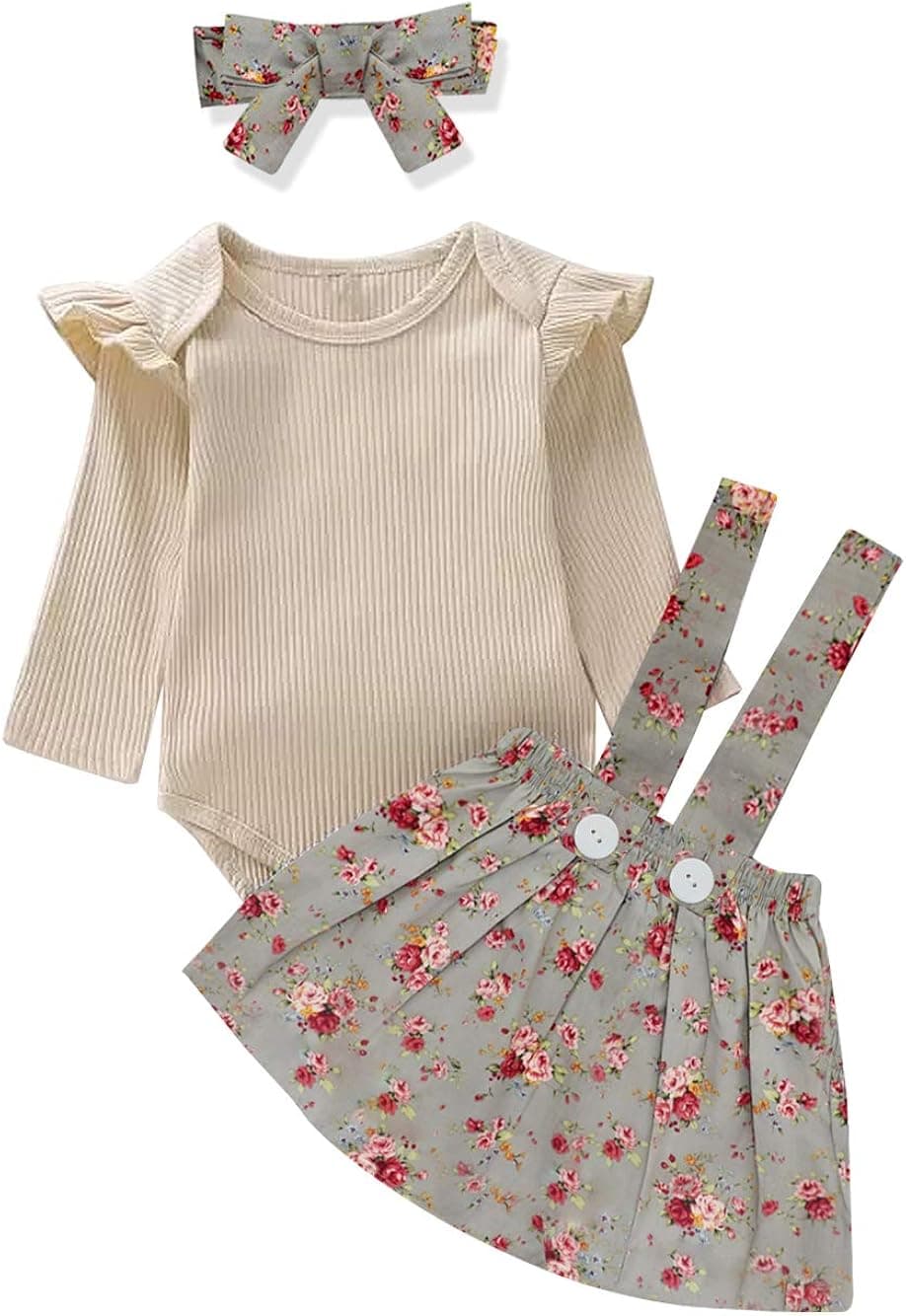 Newborn Baby Girl Clothes Solid Ruffled Romper + Floral Skirt + Floral Headband 3PCS Outfits Set 0-3 Months