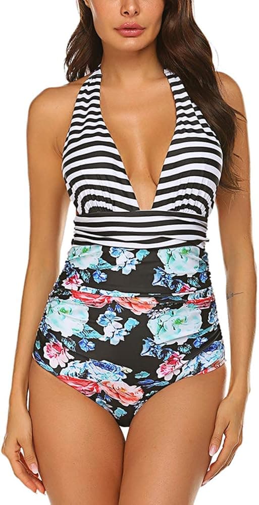 Qearal Womens Halter Striped One Piece Monikini Swimsuit High Waisted Bathing Suit Swimwear