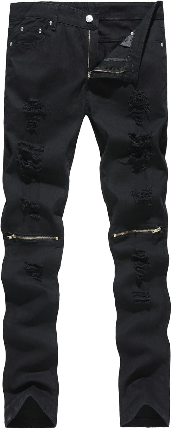 NITAGUT Men's Skinny Ripped Distressed Destroyed Slim Straight Fit Zipper Jeans with Holes
