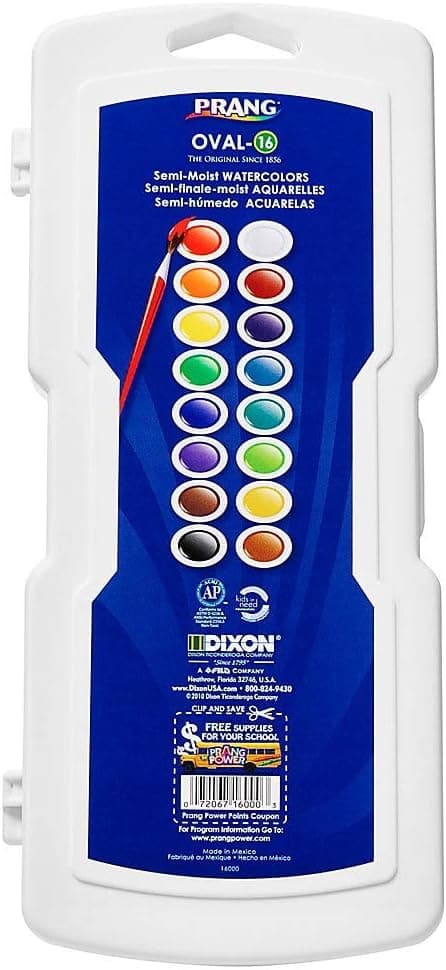 Prang Oval-16 Pan Watercolor Paint Set, 16 Assorted Colors, Refillable, Includes Brush (16000)