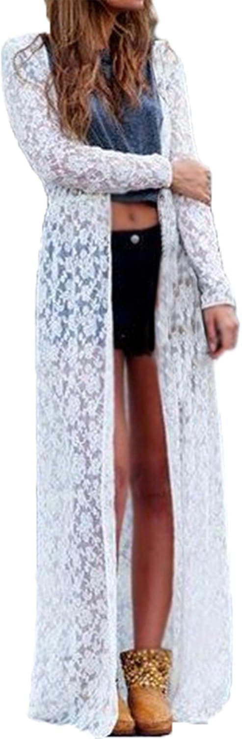 ZANZEA Ladies Beach Boho Open Cardigan Loose Long Lace Floral Maxi Tops Dress Off White 16