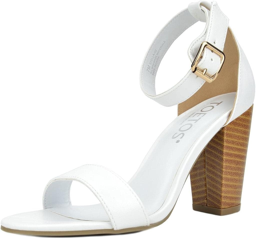 TOETOS Women's Stella-02 White Pu Open Toe Mid Chunky Heel Pump Sandals - 9 M US