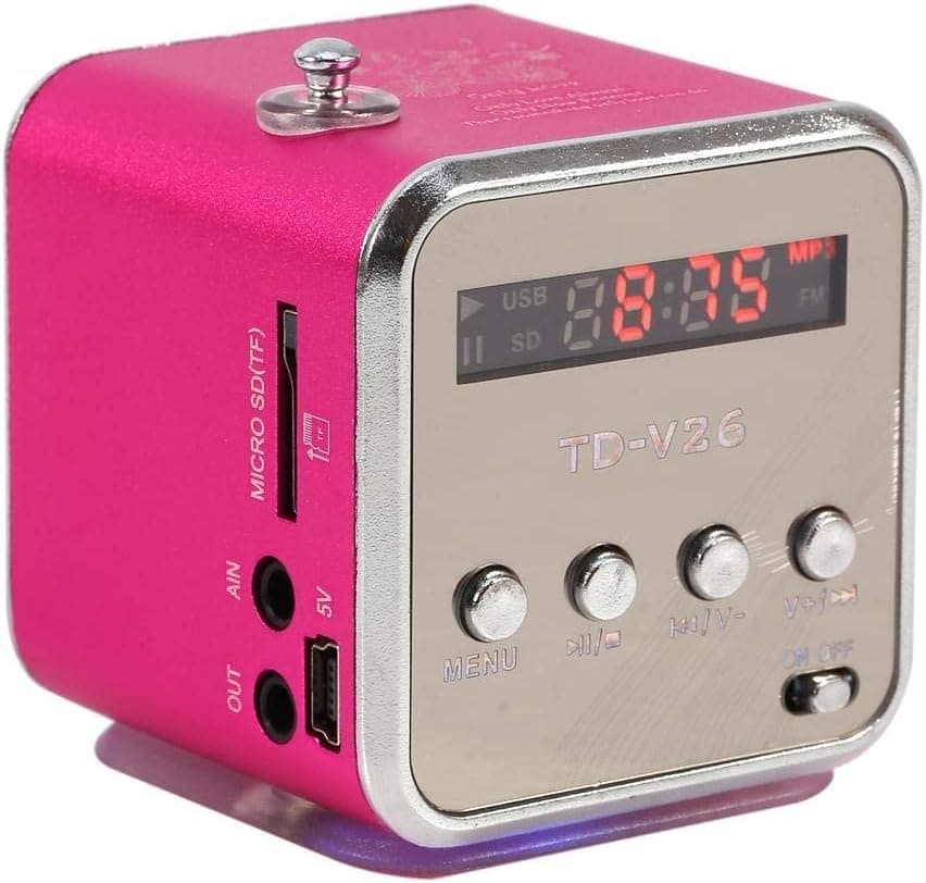 Yoidesu TD-V26 Portable Mini Speaker Music Player FM Radio Battery Powered Mini Digital Display Screen Speaker Music Player for Computer&Cell Phone Support TF Card and U Disk (Pink)