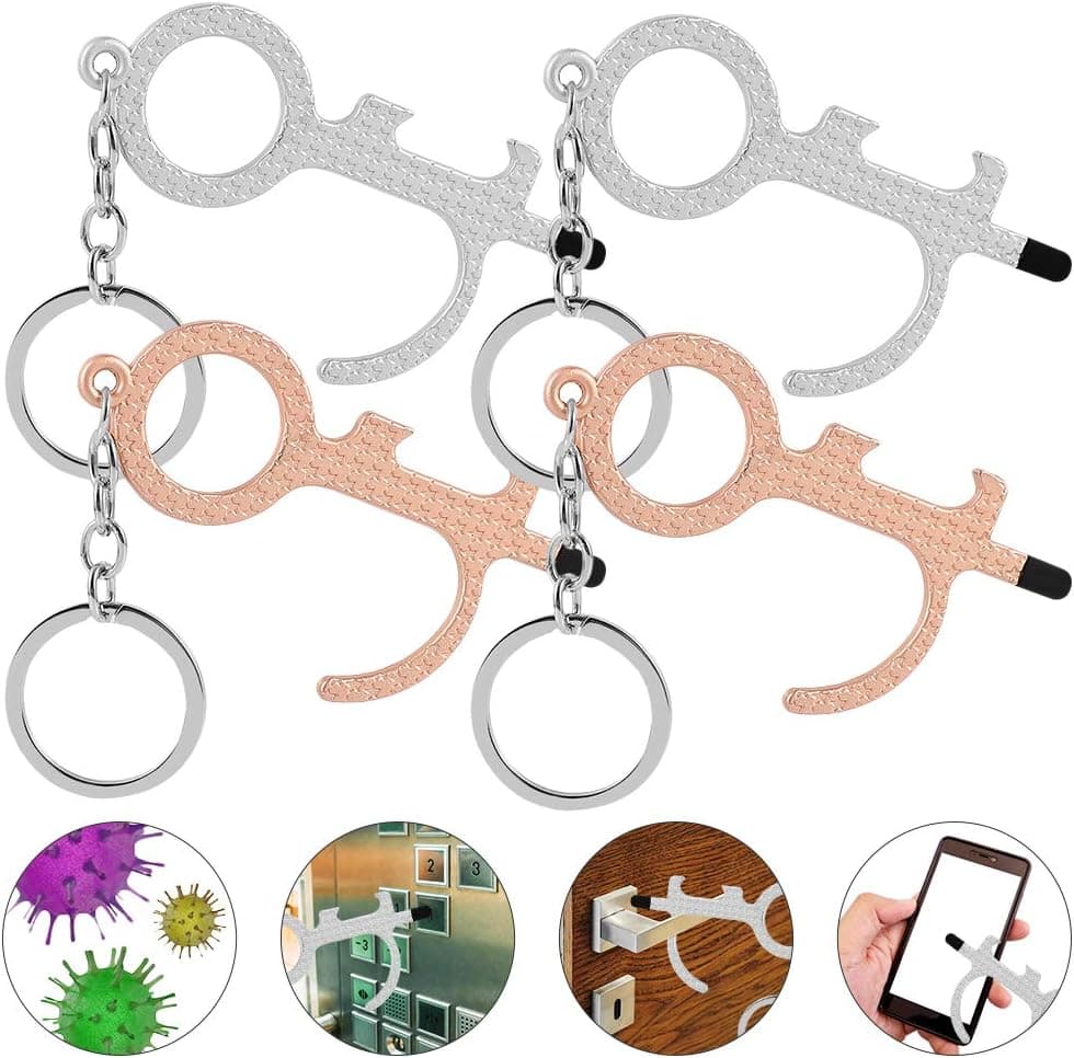 GFANSY® 4 PACK No Touch Door Opener with Stylus | Clear EDC Hand Tools | Upgraded Touchless Keychain Contactless Key for Touchscreen Elevator Button (4 PACK, Silver/Rose Gold)