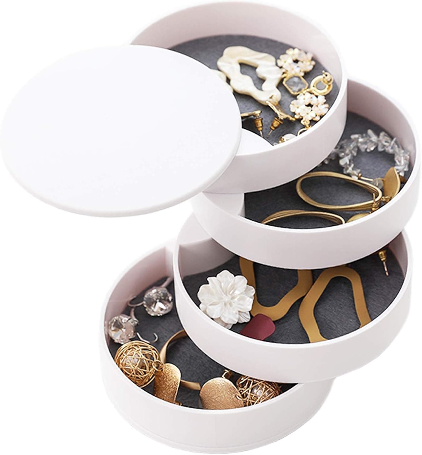 White Jewelry Organizer Box 4-Layer 360°Rotating Showcase Storage