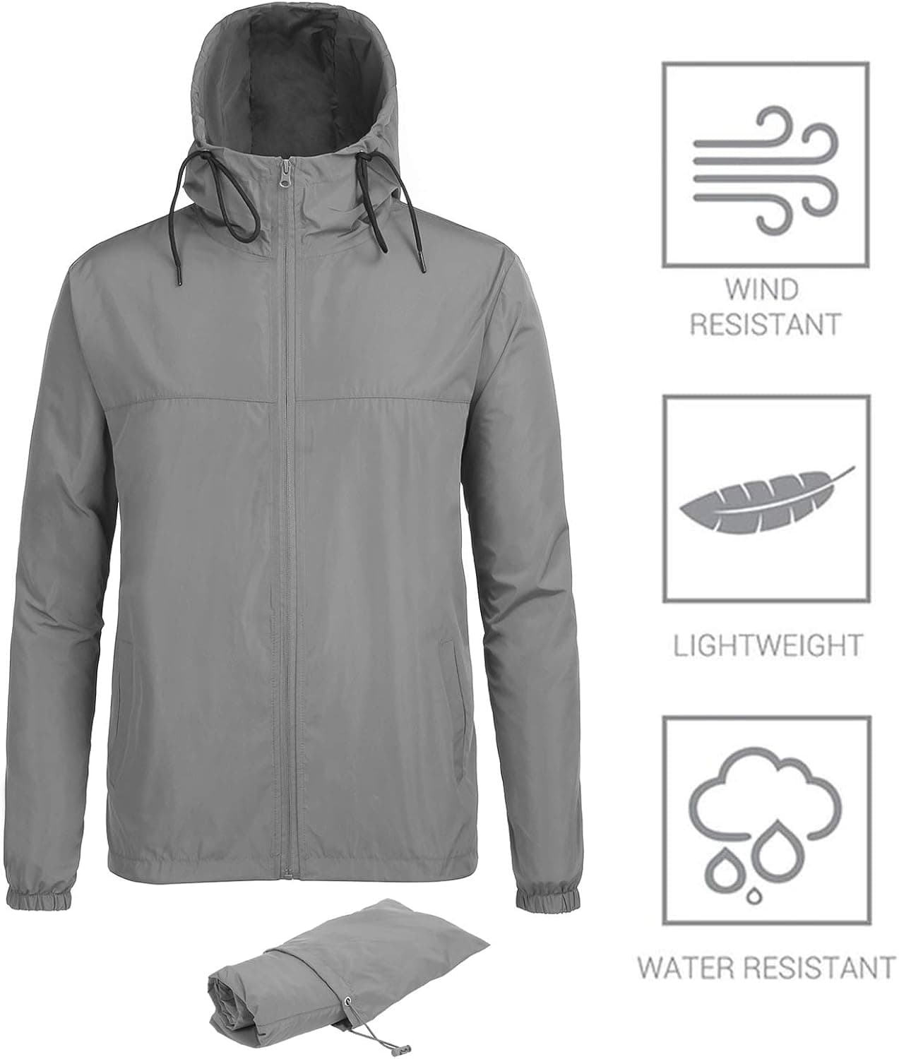 FISOUL Men's Raincoats Lightweight Windbreaker Rain Jacket Active Outdoor Hooded Waterproof Trench Coats Grey