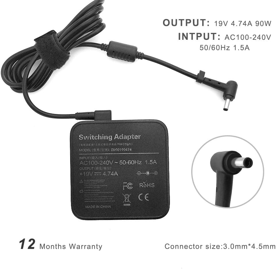 BAT 19V 4.74A 90W EXA1202YH AC Adapter Charger for ASUS UX51VZA UX51VZ UX51V U500VZ U500V Zenbook,Fits P/N ADP-90YD B EXA1202XH PA-1900-30 1424 4.5mm 3.0 mm with PIN Inside-12 Month Warranty