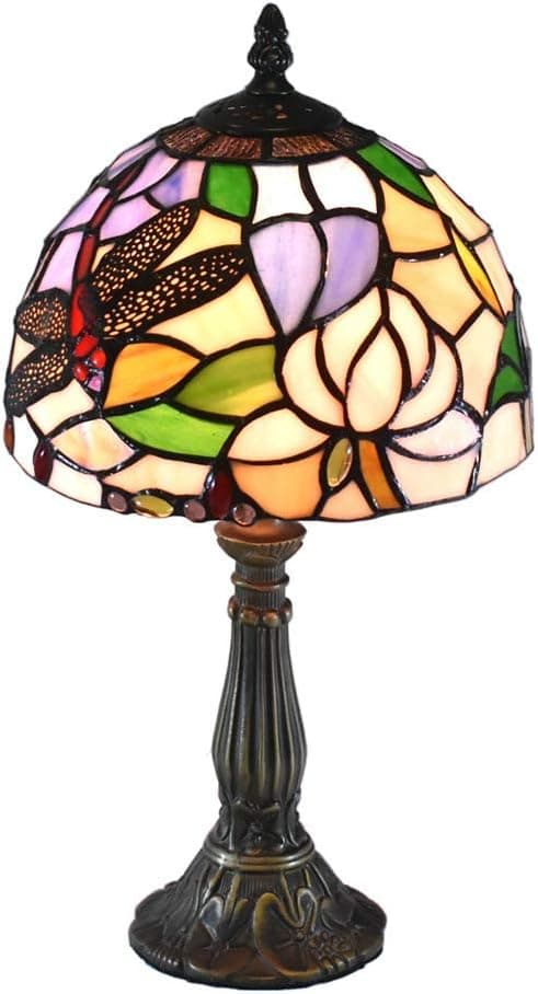 Tiffany Style Lamps Lotus Dragonfly Small Table Desk Light 15 Inches Tall Stained Glass 8 Inches Wide Lamp Shade Vintage Antique Accent Lamp for Living Bedside Coffee Room College Dorm