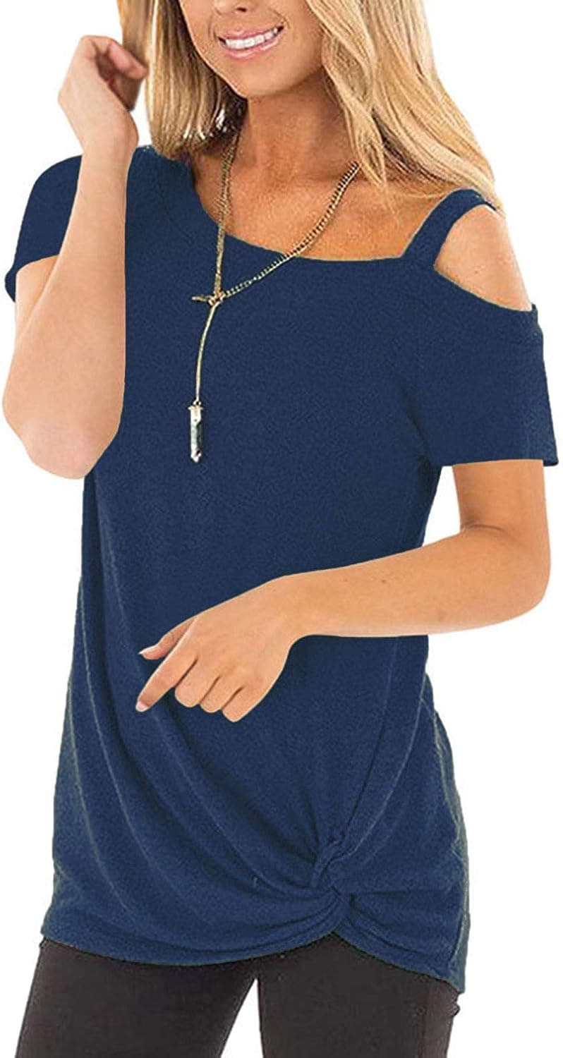 AMCLOS Women's Cold Shoulder Tops T-Shirts Front Knot Side Twist Tunic One Shoulder Blouse Short Sleeve (XL, Blue)