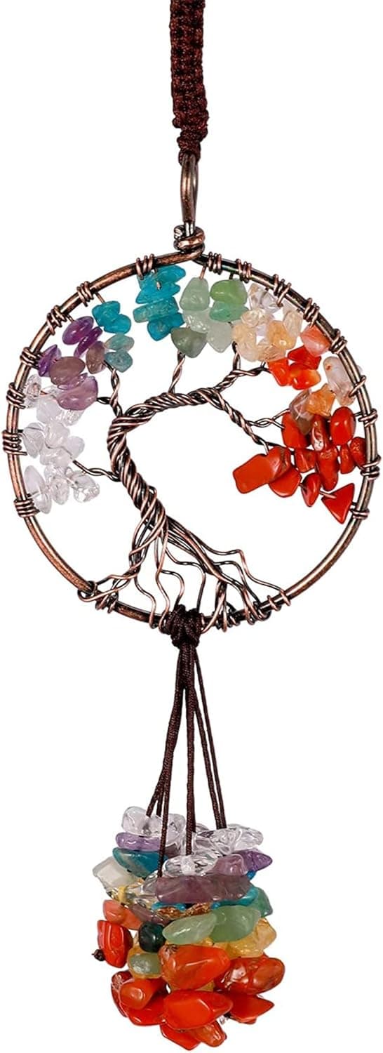Handmade 7 Chakras Stones Crystals and Healing Stones Decor Car Rear View Mirror Ornament Good Luck Feng Shui Car Hanging Ornament Yoga Meditation Home Decoration
