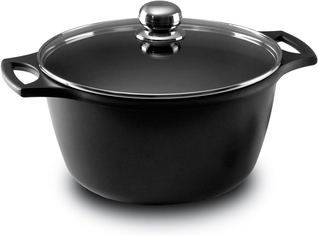 Fundix by Castey Nonstick Cast Aluminium Induction Stock Pot/Deep Casserole with Tempered Glass Lid, 8-Quart, Black