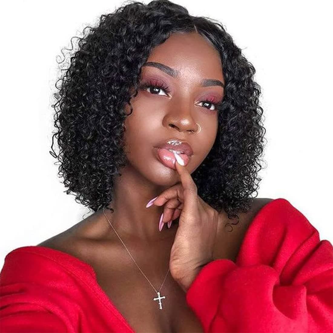 Curly Lace Front Wig Human Hair 14 Inch Curly Bob Wig Human Hair 13x1 T Middle Part Closure Wigs Human Hair 150% Density Deep Wave Bob Wigs Pre plucked Remy Brazilian Jerry Curly Wig Hair (14inch (pack of 1), 122H)