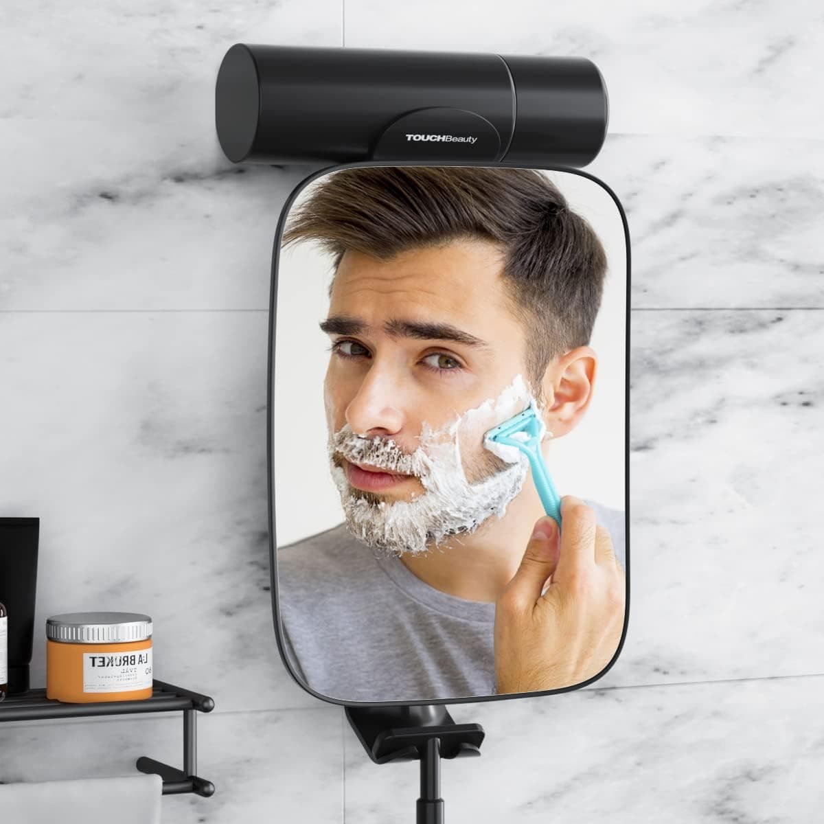 TOUCHBeauty 3X Shower Mirrors for Shaving with Razor Holder, Handheld & 180 Degree Swivel, Larger Size 11" Black Bathroom Shaving Mirror for Men