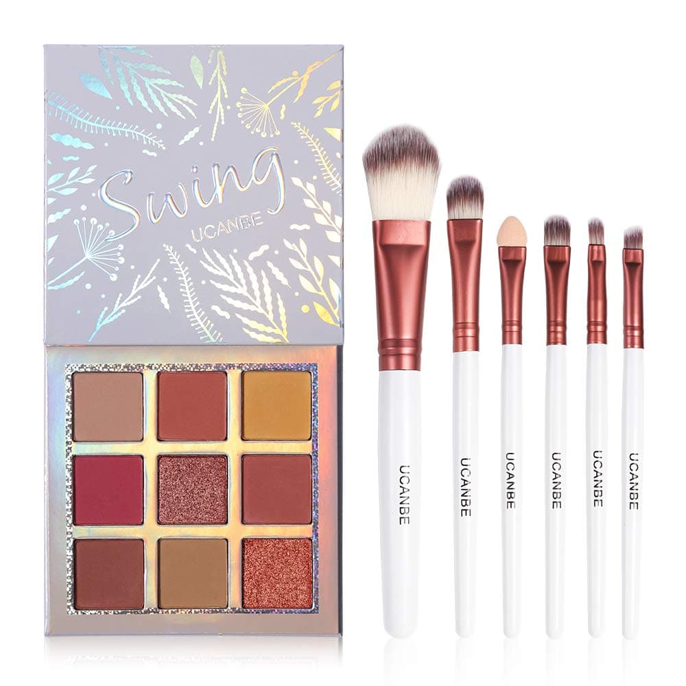 UCANBE 9 Colors Eyeshadow Palette + 6pcs Pro Makeup Brushes Set Highly Pigmented Matte Shimmer Blending Eye Shadows Powder Pallet Kit