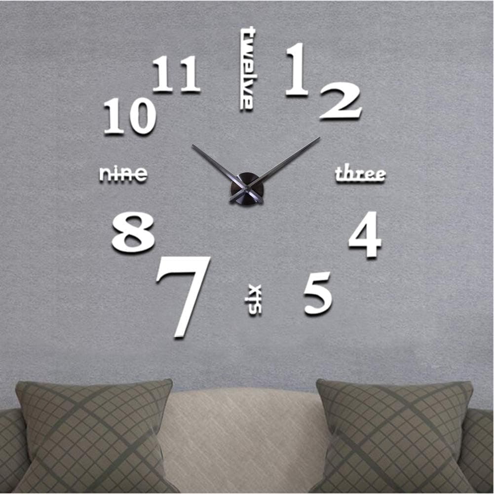 3D DIY Wall Clock Large Size Mirror Surface Wall Decorative Clocks (White)