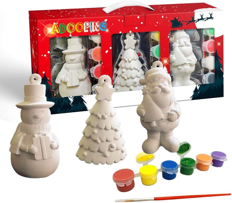 ADOOPING Paint Your Own Figurines Decorate Ready to Paint Set Plaster Craft Kit for Kids (Christmas Tree, Santa Claus and Snowman)