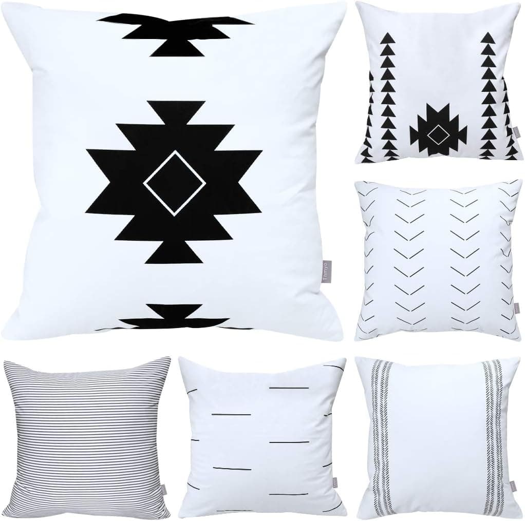 6 Pack Cotton Geometric Comfortable Decorative Throw Pillow Case Square Cushion Cover Pillowcase (Cover Only,No Insert)(18x18 inch/ 45x45cm, White&Black)
