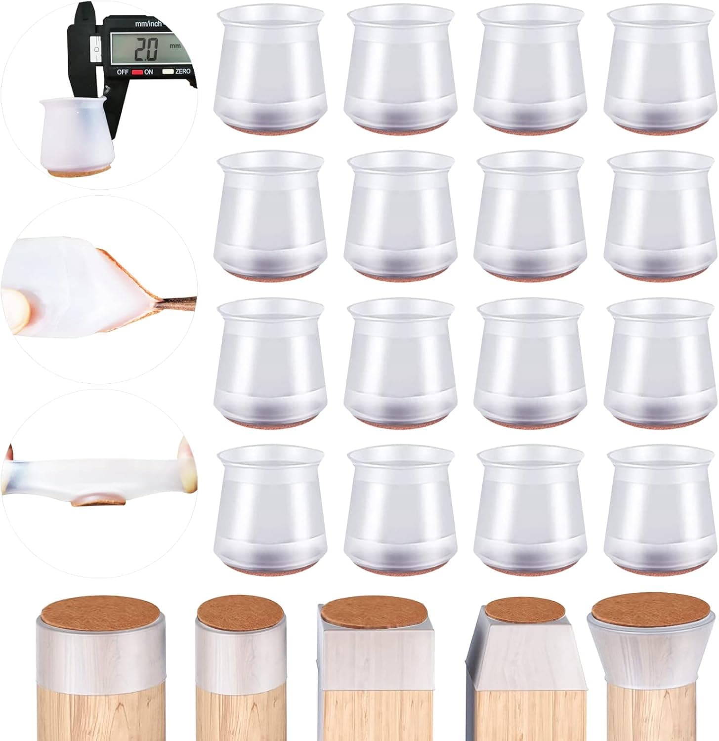 1.4'' - 2.4'' Chair Leg Protectors for Hardwood Floors, Round&Square Silicone Chair Leg Covers for Mute Furniture Moving, Elastic Furniture Silicone (Round Transparent, Medium)