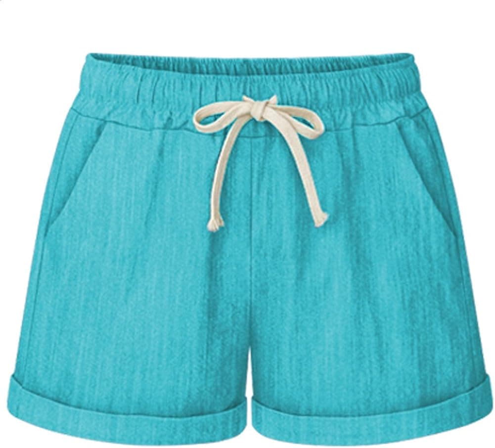 XinYangNi Women's Elastic Waist Casual Comfy Cotton Beach Shorts with Drawstring