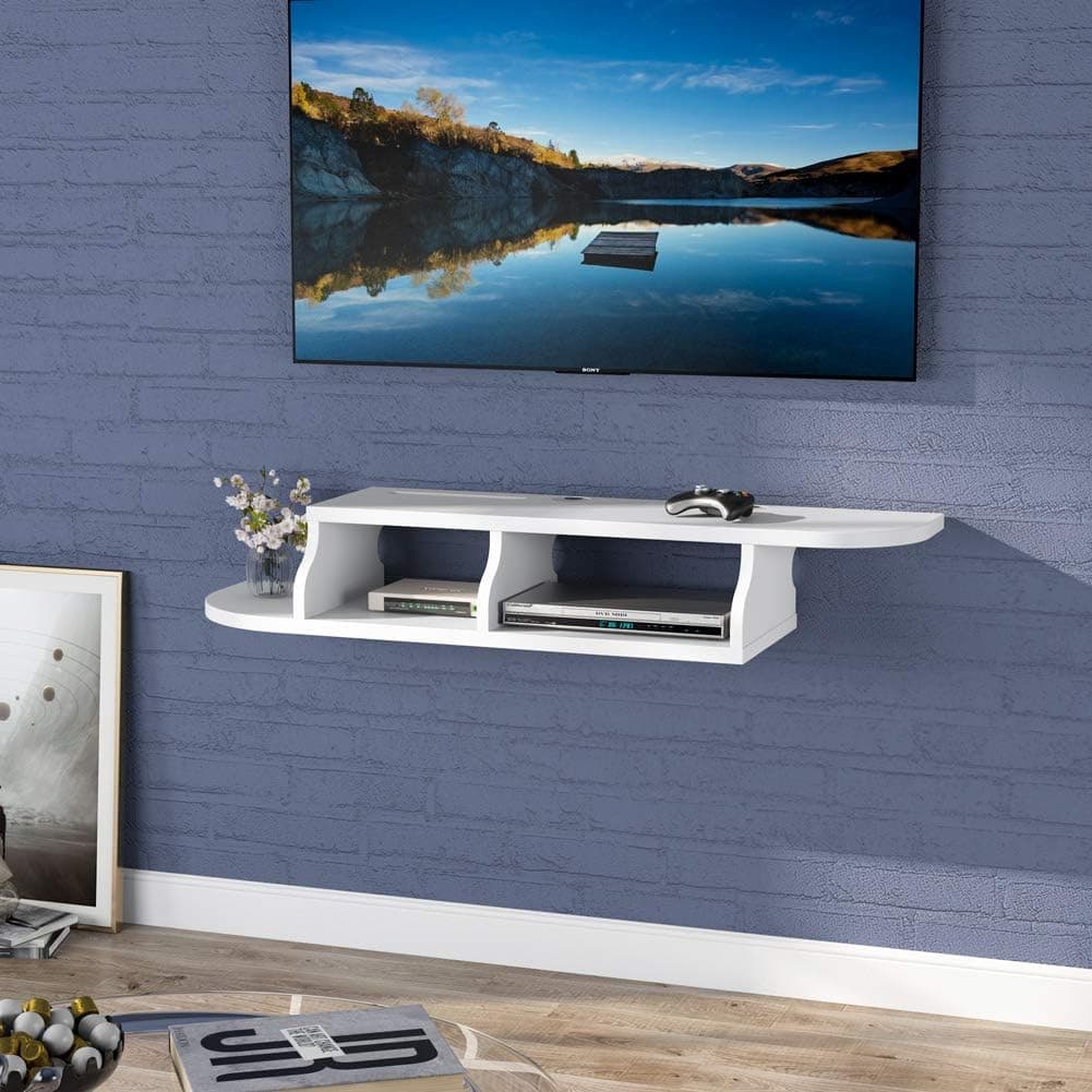 Modern Floating TV Stand Shelf, Wall Mounted Media Console, Television/Audio/Video Console Media Storage Component Shelves for Xbox/Routers/Remotes/DVD Players (White)