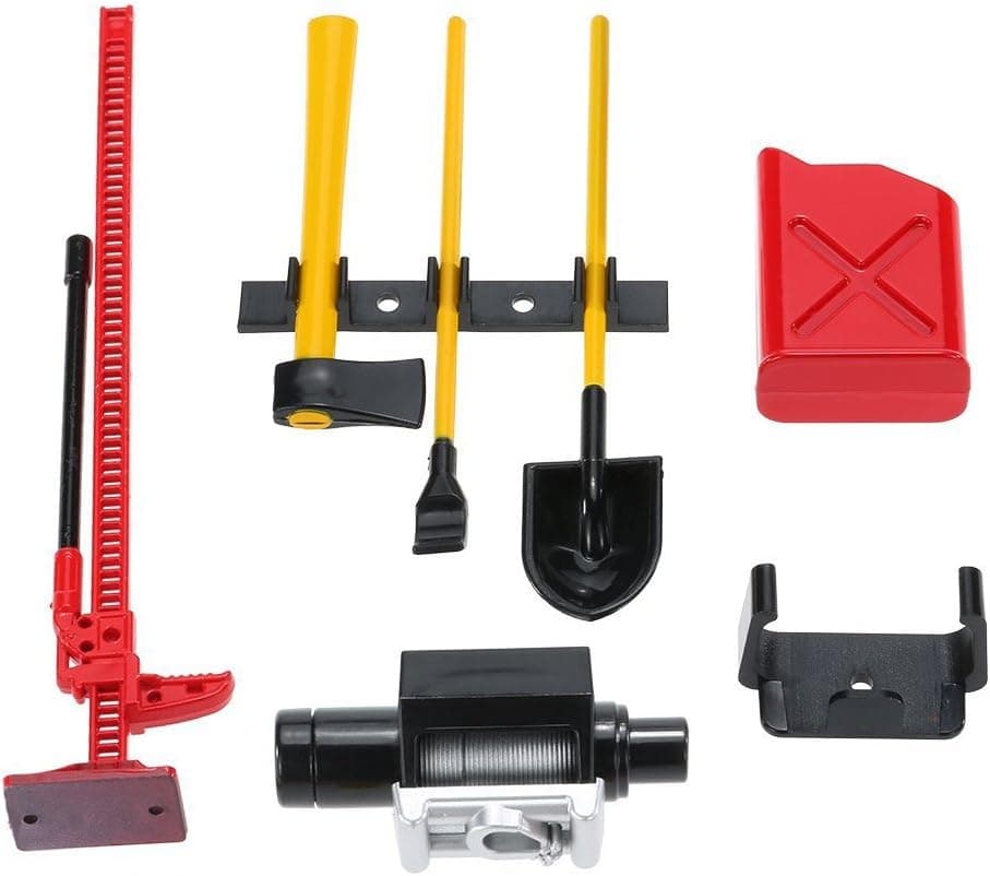 ShareGoo 6PCS RC Plastic Decoration Accessories Tool Set Kit Compatible with 1/10 Scale RC Rock Crawler 4WD D90 D110 SCX10 Wraith,Include Gas Can, Winch, Jack, Shovel, Axe, Pry Bar,Red