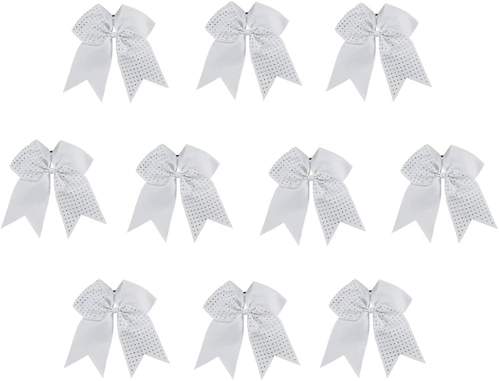 CN 10pcs 7 Inch Girls Big Hair Bow Rhinestone Cheerleading Hair Bow Attached Elastic Hair Tie for Cheerleader