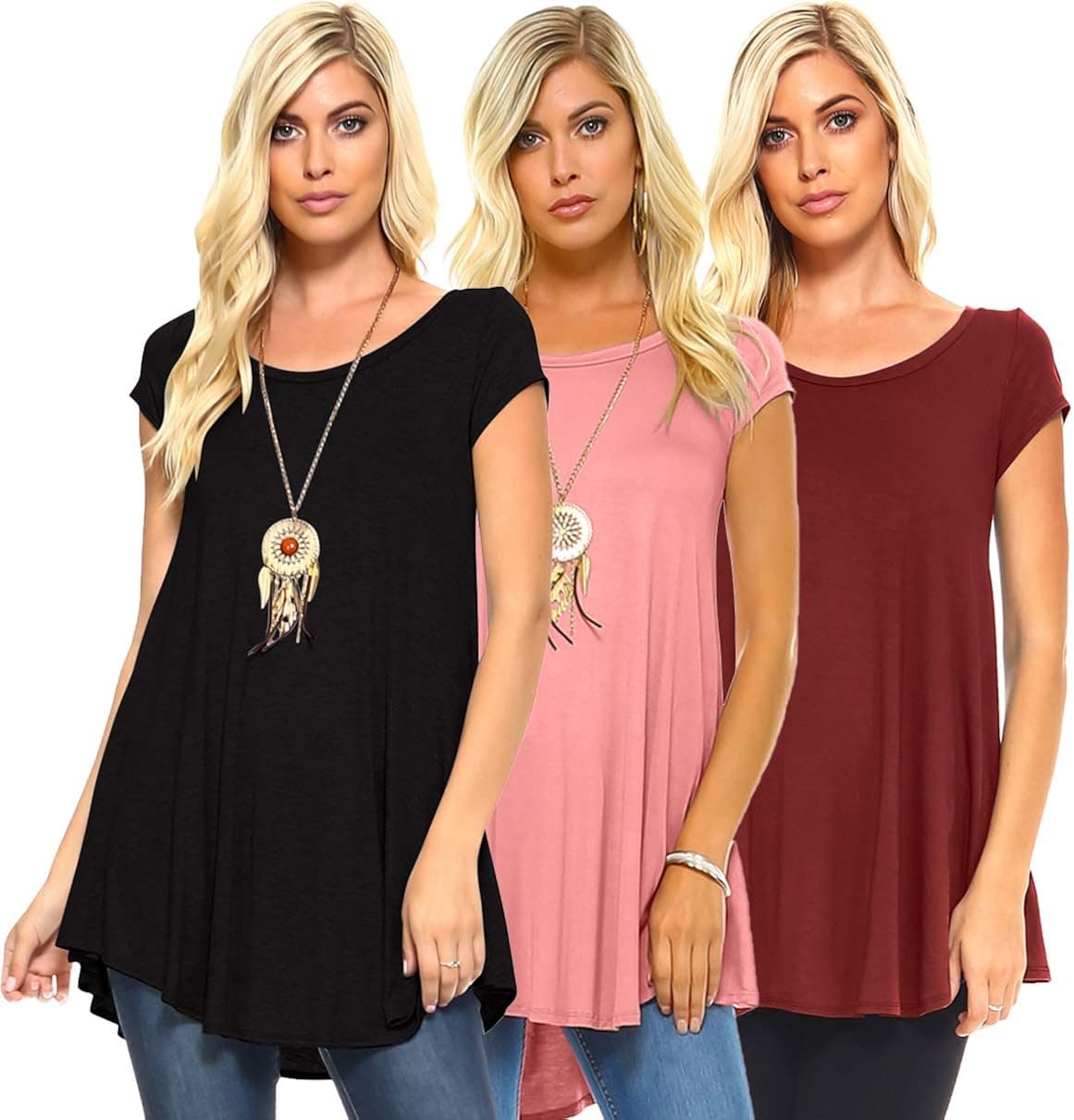 Isaac Liev Women's Tunic Top – 3 Pack Casual Short Sleeve Scoop Neck Soft Flowy Swing Summer Blouse T Shirts Made in USA Pack13 2XL