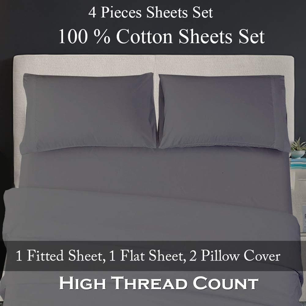 Queen Cotton Bed Sheets Set - 400 Thread Count Cotton Sheets - 4 Piece Sheet Set Fits Mattress Upto 12 Inch Deep Pocket Fitted Sheet - 60 x 80 Size Sheets - Dark Grey Solid Queen Sheet for Bed