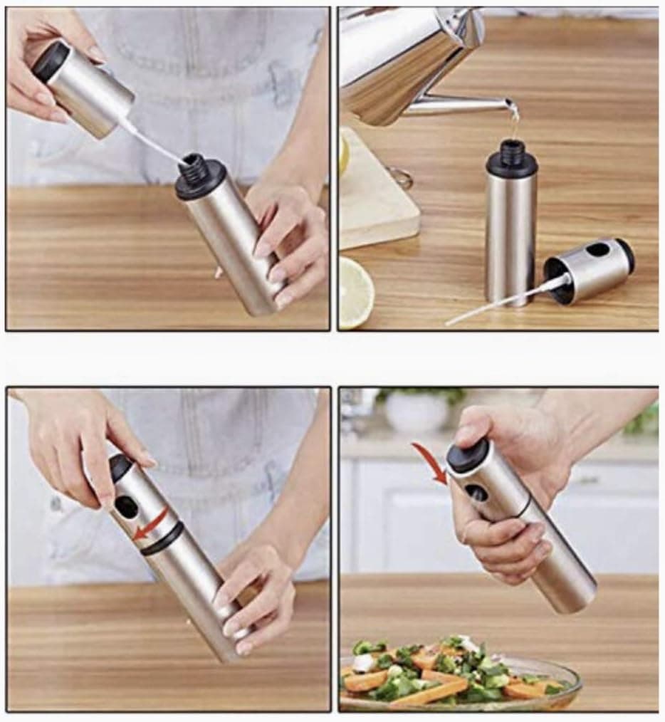PREMIUM Stainless Steel Reusable Spray Bottle for Oils, Vinegar, lemon juice; Olive Oil Mister Spray Bottle for Cooking; For Air Fryer, Coating Skillet; Baking, Grilling, Roasting, BBQ, Salad.
