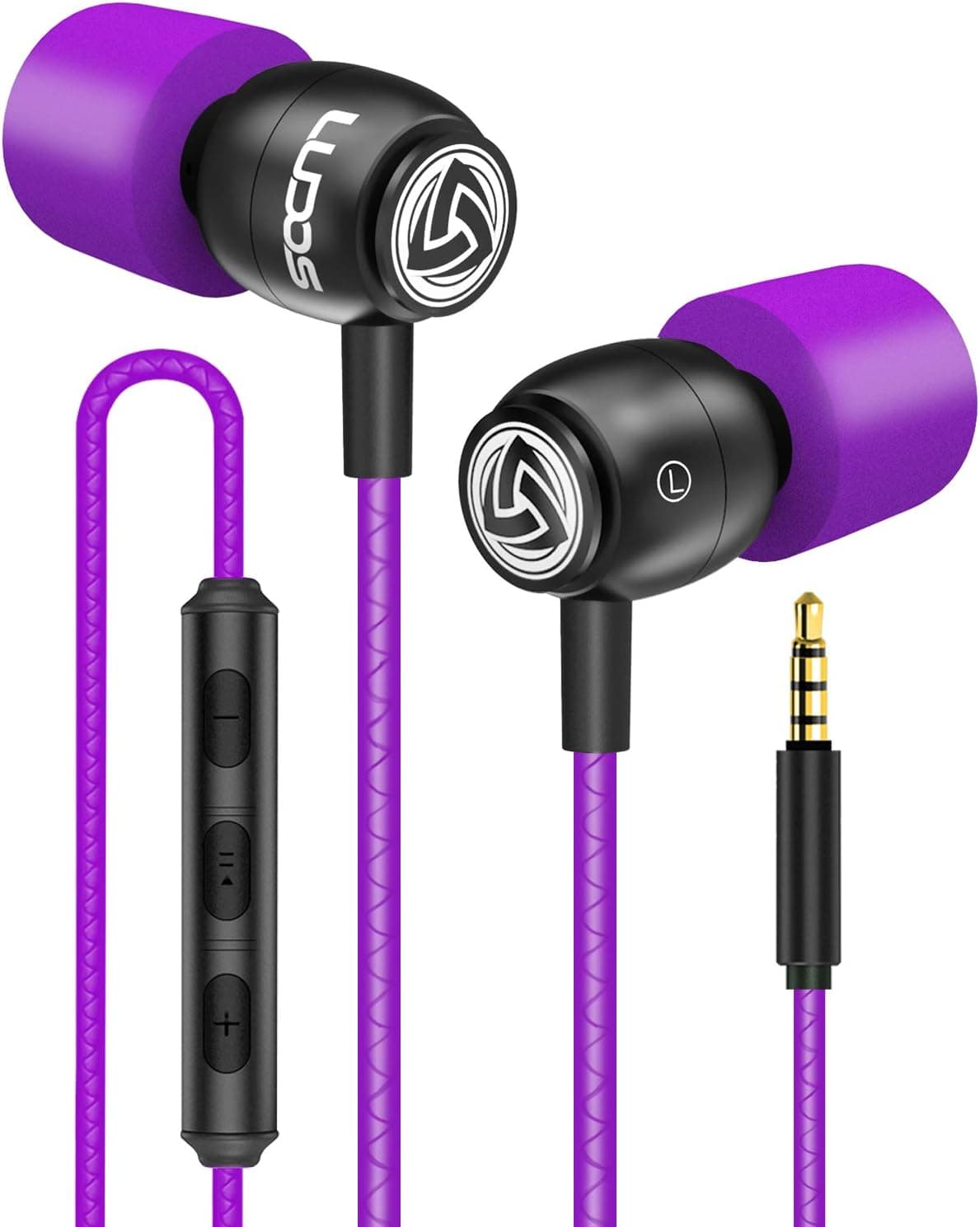 LUDOS Clamor Wired Earbuds in Ear, Noise Isolating Headphones with Microphone, 3.5mm Jack Plug, Mic and Volume Control, Memory Foam, Deep Bass, Tangle-Free Cord - Purple