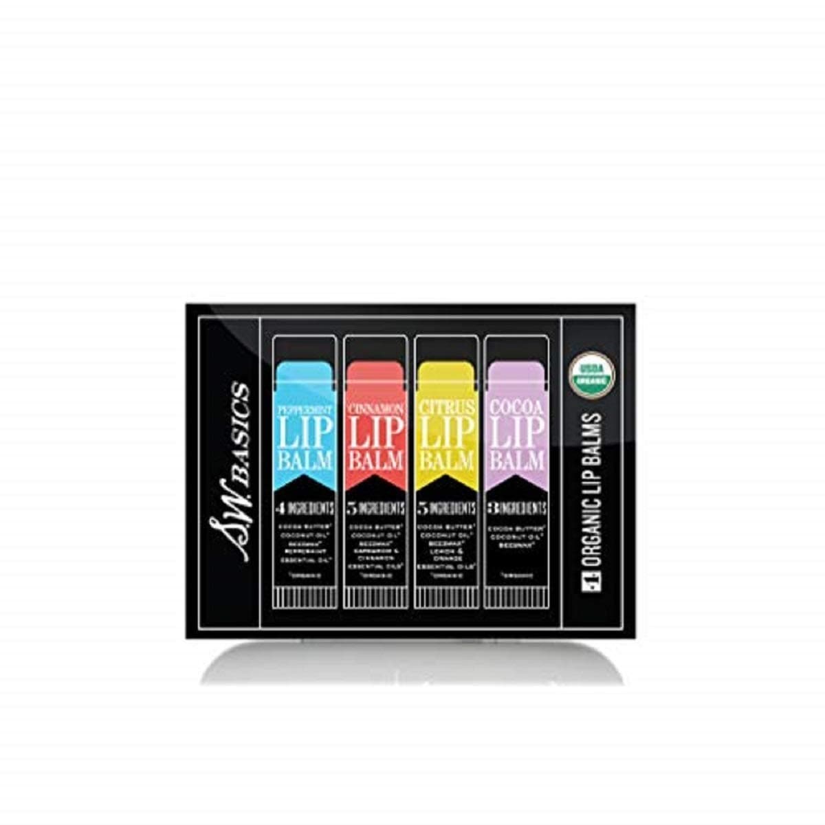 S.W. Basics Lip Balm Flight, Dry or Chapped Lips, Organic Beeswax and Cocoa Butter, Variety Pack (Pack of 4)