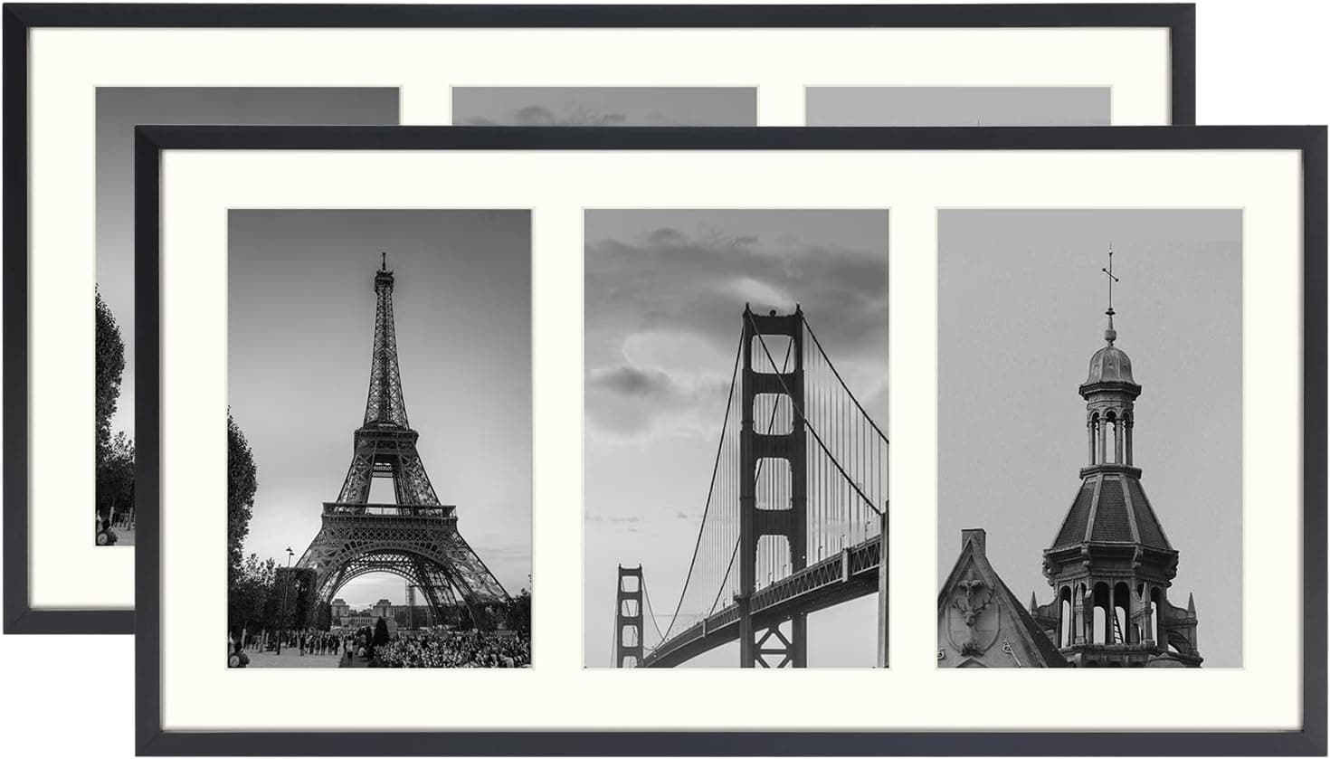 AUEAR, 7x14 Metal Frame for Three 4x6 Pictures - Aluminum, 3-Opening Ivory Mat - Portrait or Landscape Wall Mounting - Sturdy and Easy to Install - Real Glass Front (Black, Aluminum) (2-Pack)