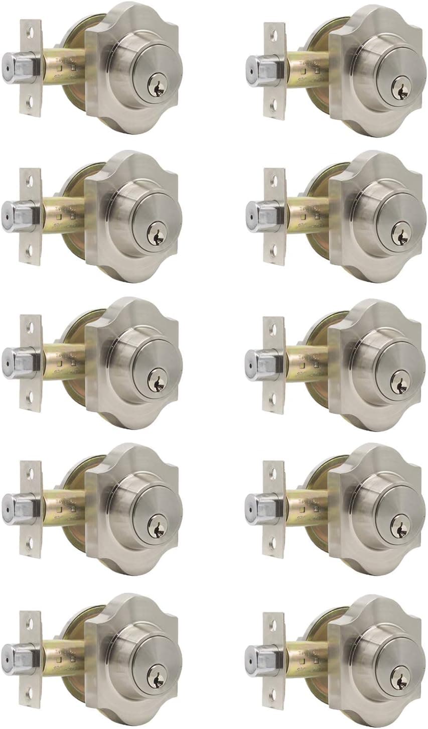 Probrico(10 Pack Combo Packs Single Cylinder Deadbolts Satin Nickel (Keyed Alike), Exterior Lockset Handleset for Entrance Door and Front Gate, Anti-Theft Keyway Key Hardware, 3 Keys