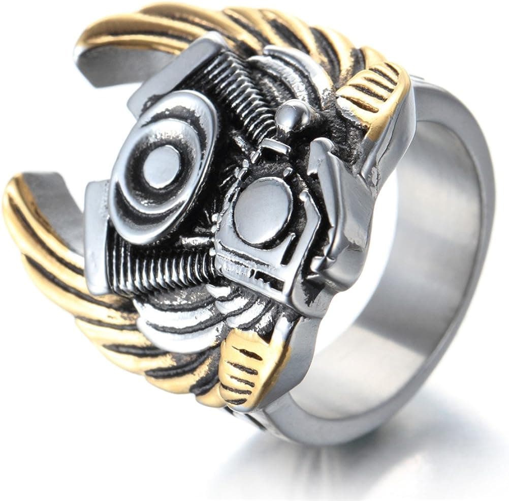 OAKKY Men's Stainless Steel Biker Ring Punk Rock Motorcycle Engine with Wings